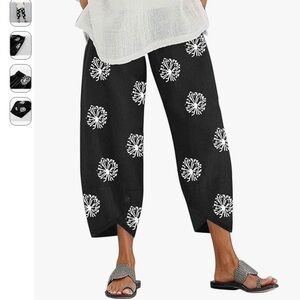 Navy and white linen crop pants elastic waistband NEW